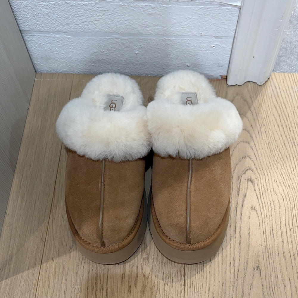 UGG Chestnut Suede Shearling Clog Slippers with Cream Cuff